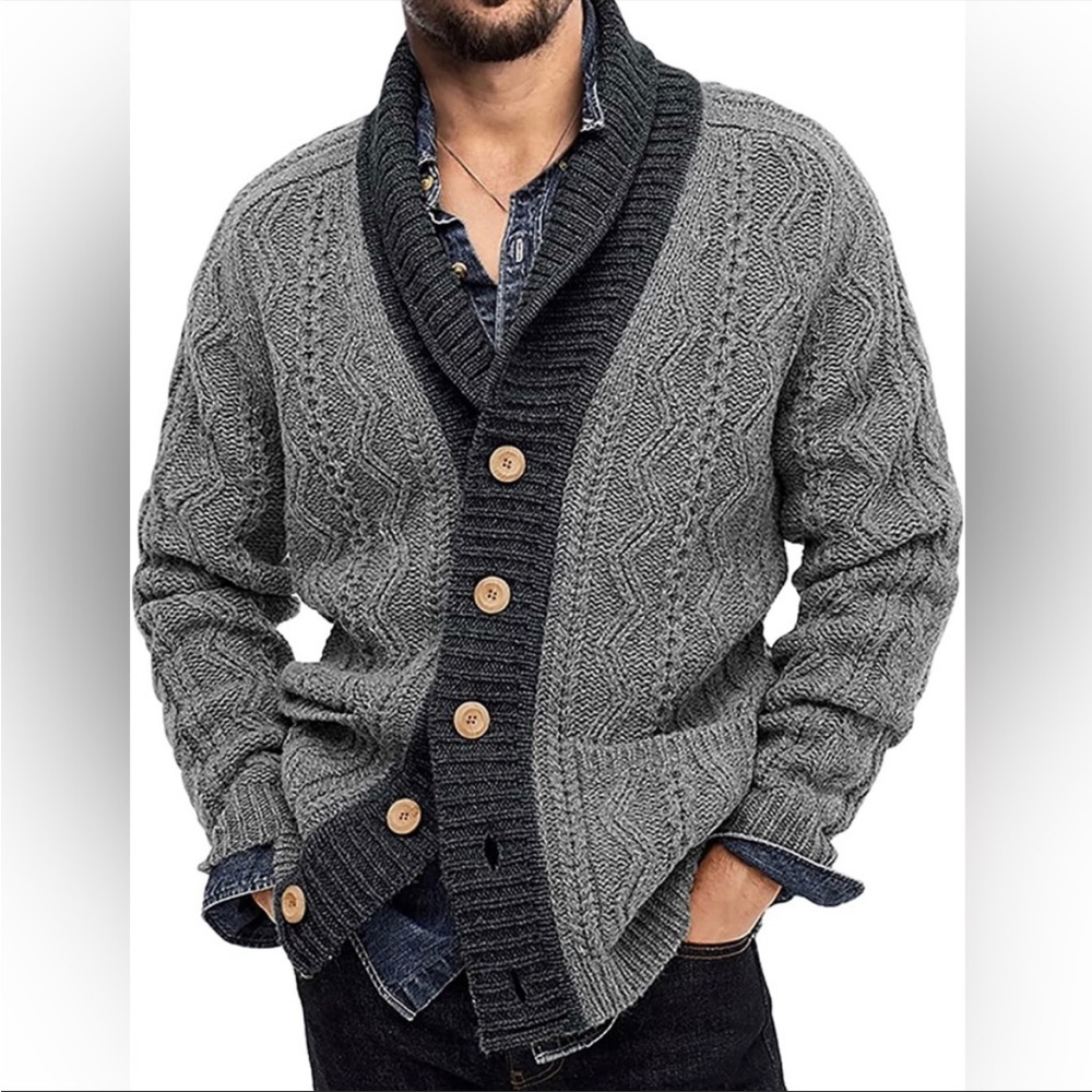 - New Mens Shawl Collar Cable Knit Cardigan Sweater Gray